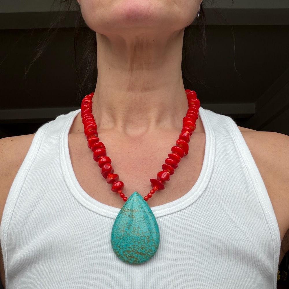 Turquoise & Red Beaded Statement Necklace
